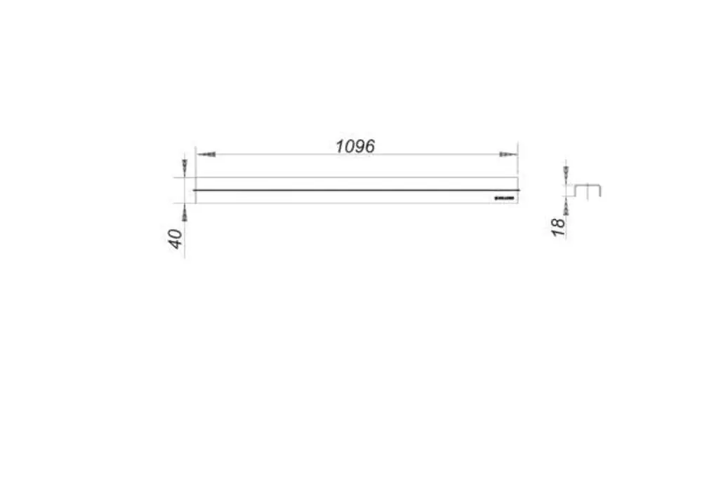 Dallmer Abdeckung in schmalem, rechteckigem Design mit Maßen, die eine Länge von 1096 mm und eine Höhe von 40 mm aufweist, dargestellt in einer side-ansicht.