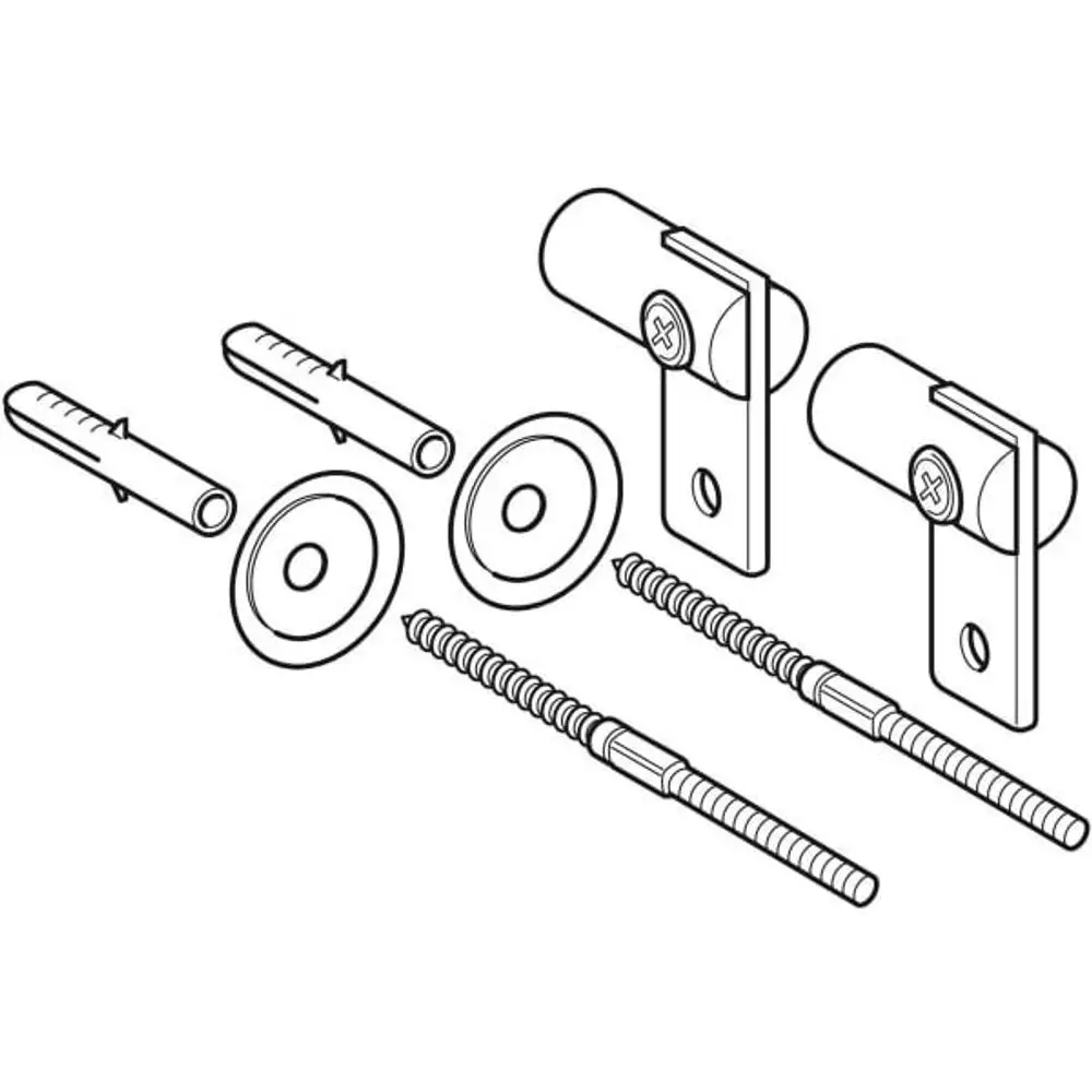 Befestigungsset mit verschiedenen Schrauben, Platten und Halterungen, geeignet für die Montage von Geberit Ausgussbecken und Klapprosten.