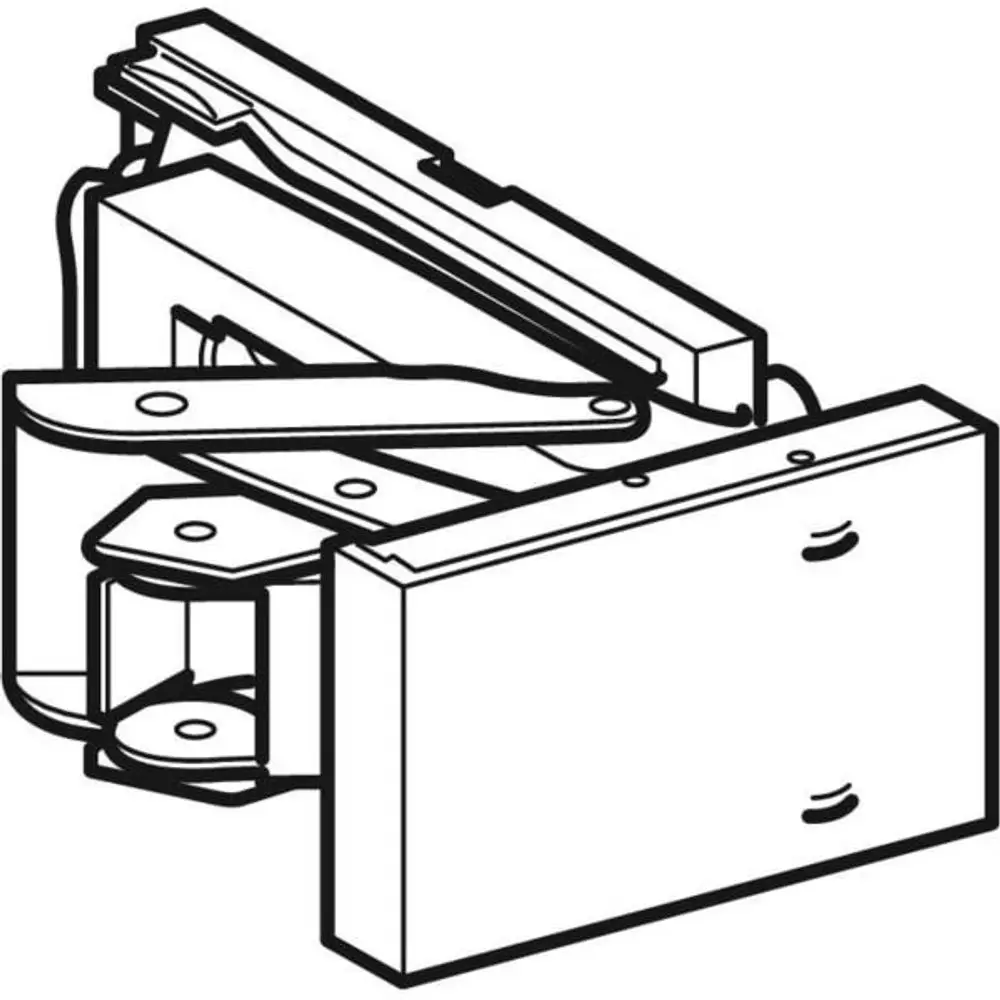 Geberit Scharnier für eine Spiegeltüre, geeignet für verschiedene Modelle von Spiegelschränken, zeigt eine mechanische Verbindung zur Befestigung.