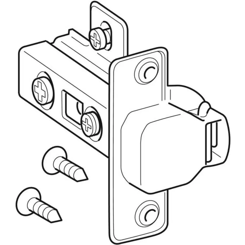 Geberit Scharnier für Hochschrank, bestehend aus einem stabilen Schlossmechanismus und zwei Schrauben zur Montage. Detaillierte technische Zeichnung ohne farbliche Elemente.