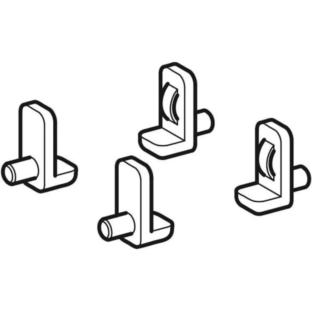 Vier Regalbolzen von Geberit, in einem schlichten, funktionalen Design, für die Befestigung in Möbelteilen oder Regalsystemen geeignet.