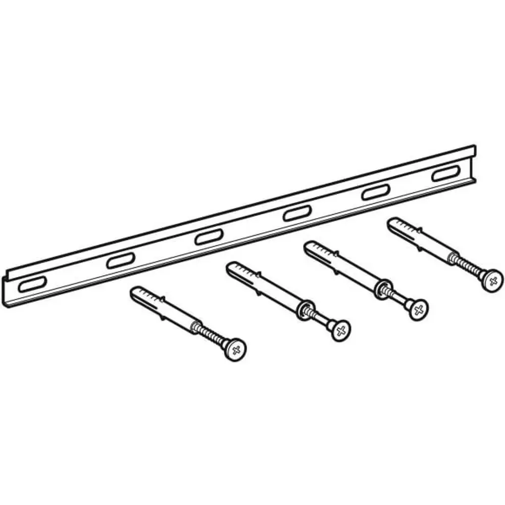Befestigungsset von Geberit, bestehend aus einer langen Metallleiste und mehreren Schrauben für die Montage von Hochschränken.