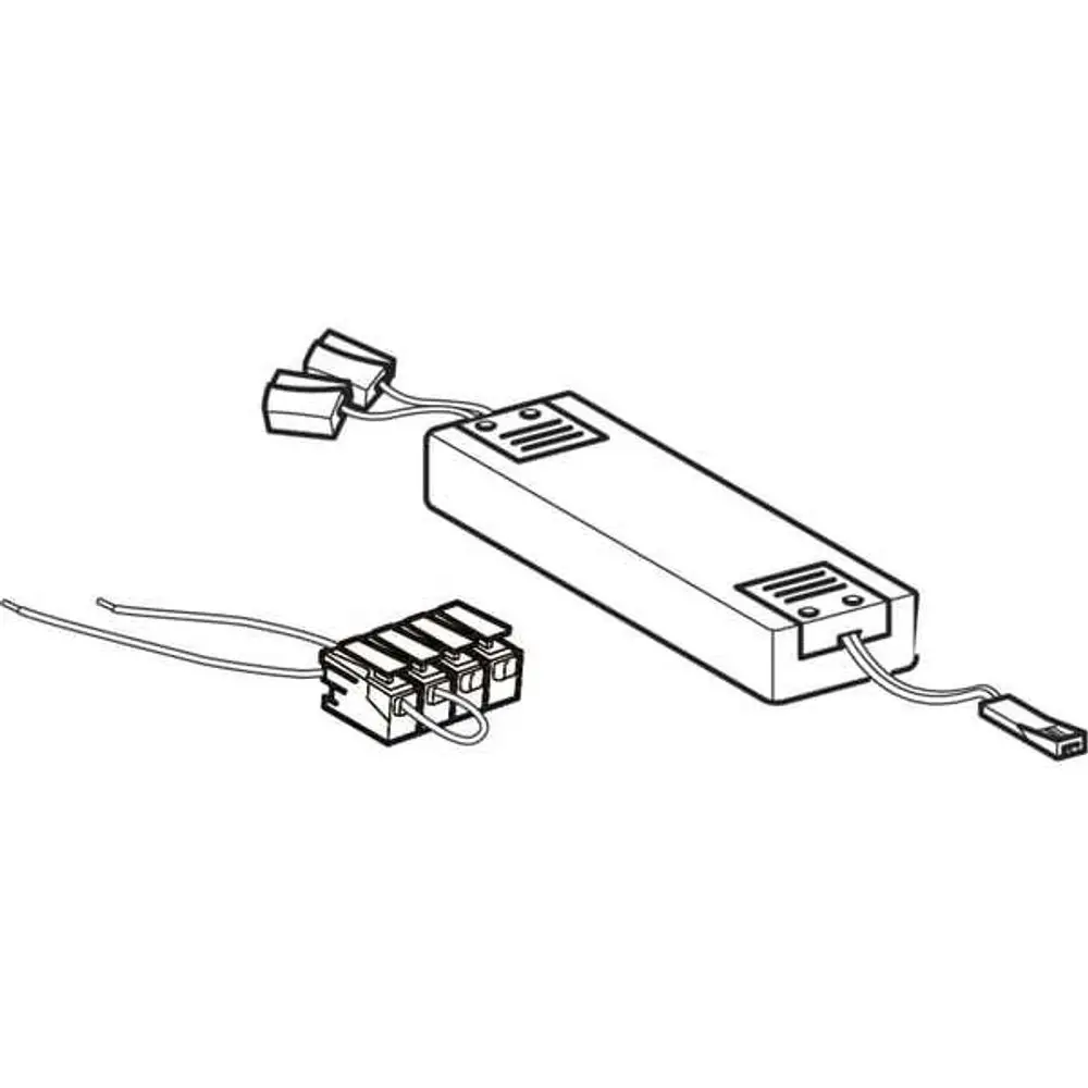 GE Netzteil für Spiegelschrank Option mit Kabeln und Steckanschlüssen, abgebildet durch schematische Darstellung. Geeignet für Geberit Produkte.