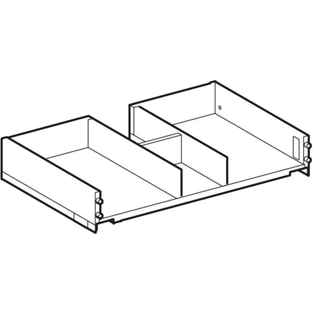 Geberit Schublade mit zwei Fächern und Ausschnitt, ideal für die Aufbewahrung. Detaillierte Zeichnung ohne Maßangaben.