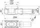 Dallmer Ablaufgehäuse mit ovaler Form und seitlichem Anschluss, zeigt einen Schnitt und eine Draufsicht, einschließlich Maße für Installation.