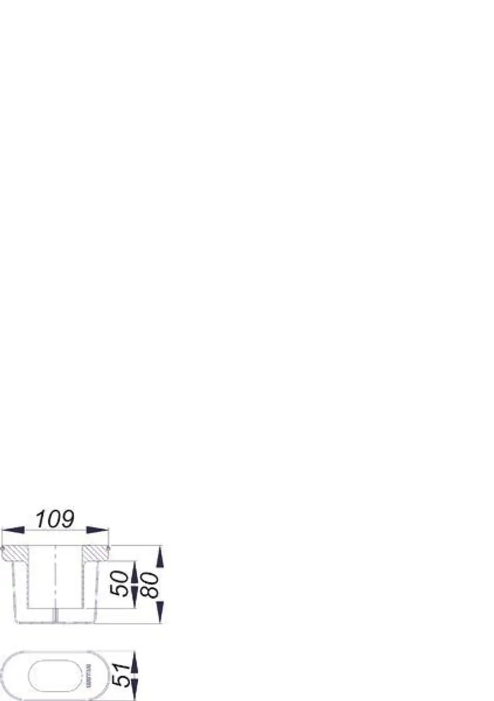 Dallmer Geruchverschluss mit ovaler Öffnung und eckiger Form, geeignet für bodengleiche Duschsysteme, abgebildet mit Maßangaben.