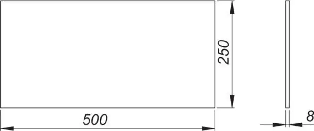 Weißes Schallschutzelement von Dallmer mit rechteckiger Form. Seitenansicht zeigt eine Dicke von 8 mm. Maße und Details nicht klar erkennbar.