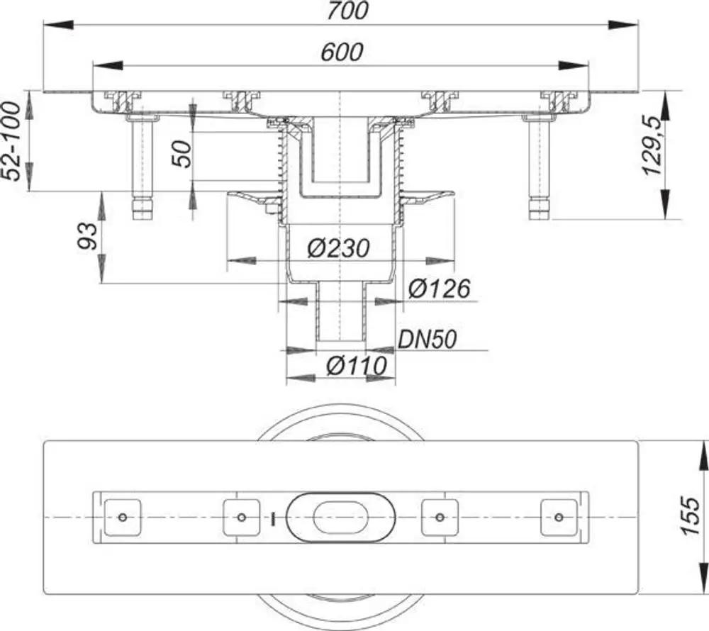 Dallmer Duschrinne in der Draufsicht, mit quadratischer Form und mehreren Anschlussrohren, Dimensionen und technische Details klar sichtbar.