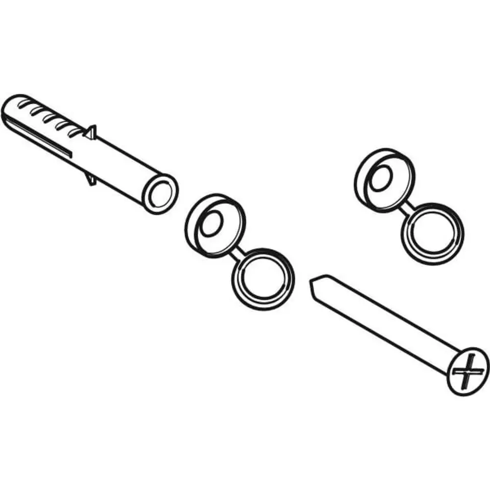 Geberit-Befestigungselemente, bestehend aus einem Schlitzrohr, zwei Ringen und einer Schraube, in schematischer Darstellung ohne Angaben zu Maßen oder spezifischen Typen.