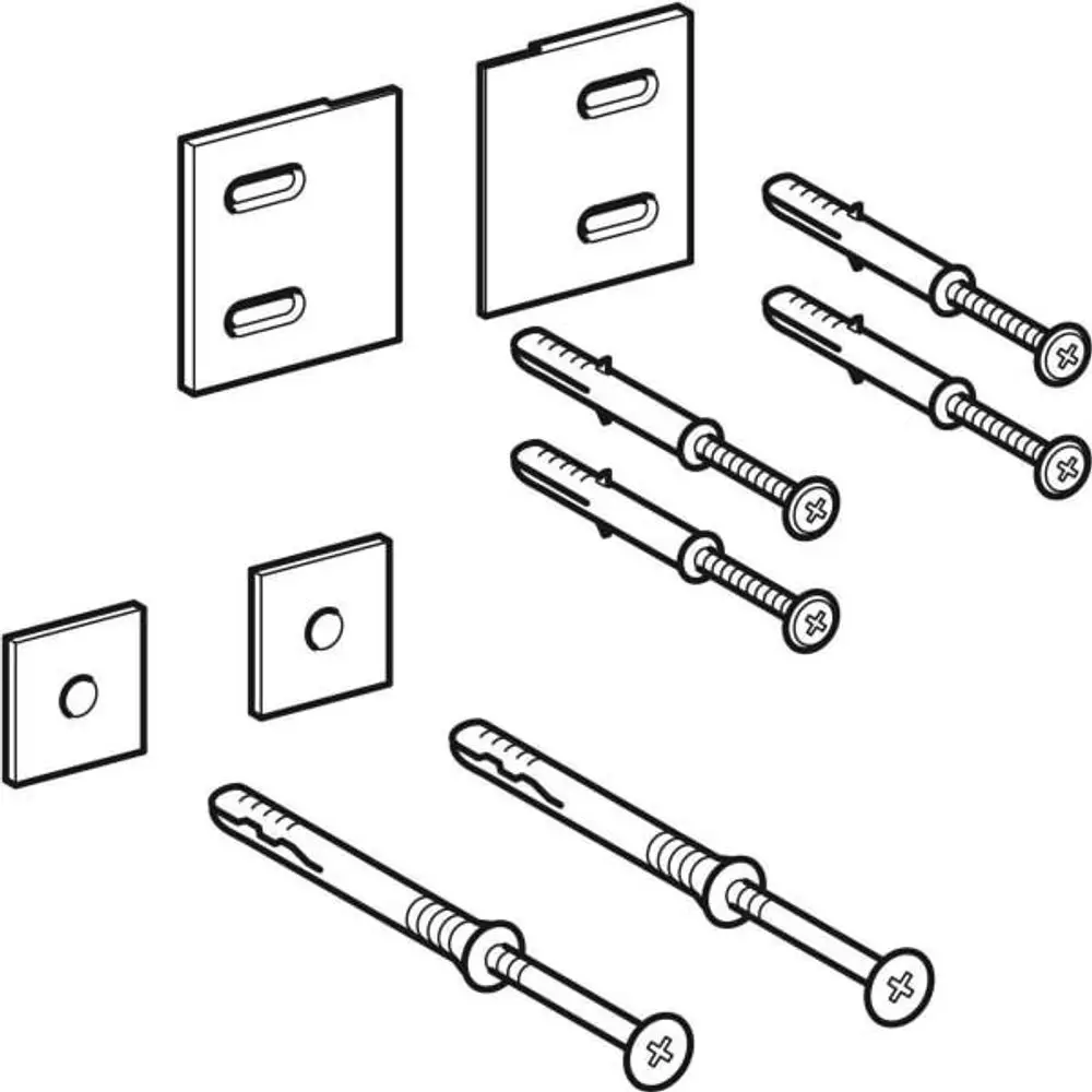 Befestigungsset mit verschiedenen Platten und Schrauben, geeignet für die Montage von Spiegeln. Geberit-Produkt zur stabilen Anbringung.