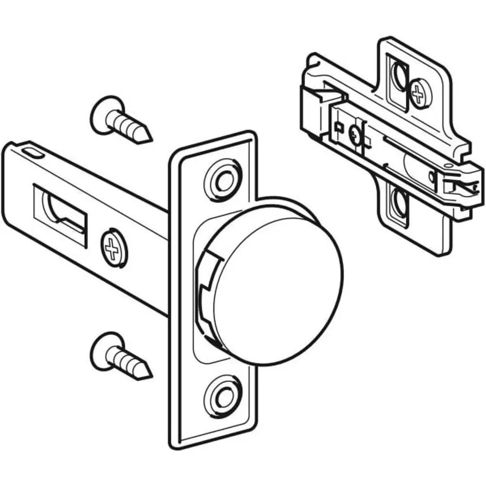 Geberit-Türschloss mit runder Knopfbedienung, Montageschrauben und Gegenstück. Ansichten des Schlossmechanismus und der Befestigungselemente sind sichtbar.