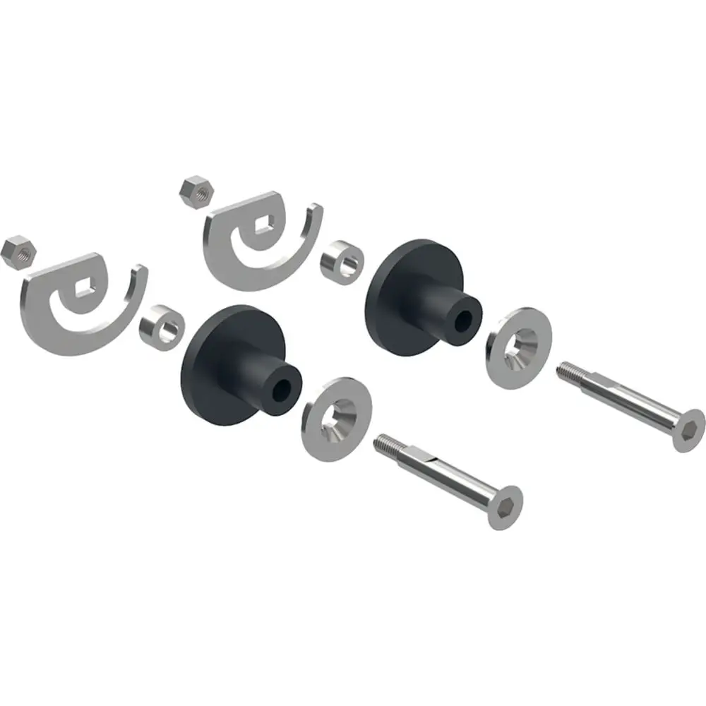 Befestigungsmaterial von Geberit, bestehend aus zwei schwarzen Schnecken, Metallteilen und Schrauben, die zur Montage verwendet werden.