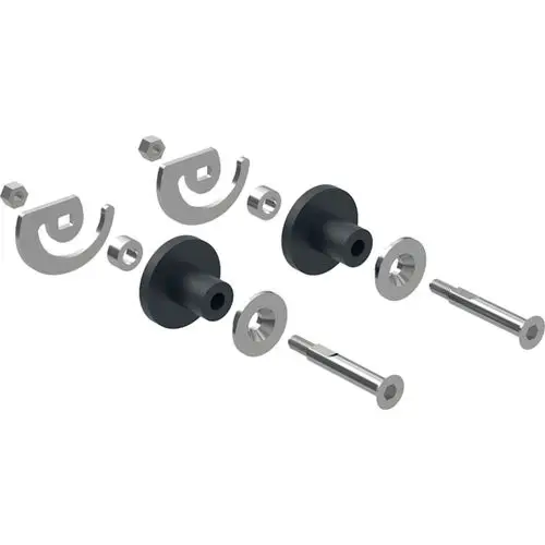 Befestigungsmaterial von Geberit, bestehend aus zwei schwarzen Schnecken, Metallteilen und Schrauben, die zur Montage verwendet werden.