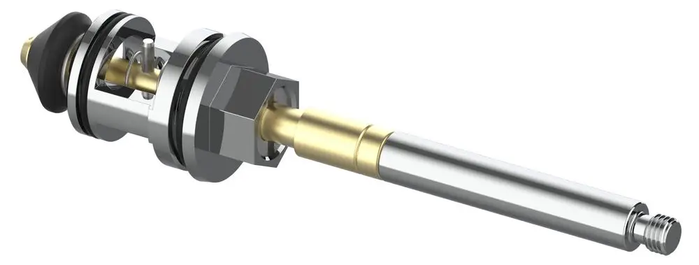 Umsteller aus verchromtem Metall mit goldenem Einsatz von Keuco, geeignet für bestimmte Armaturenmodelle. Zeigt eine schlichte, funktionale Bauweise.