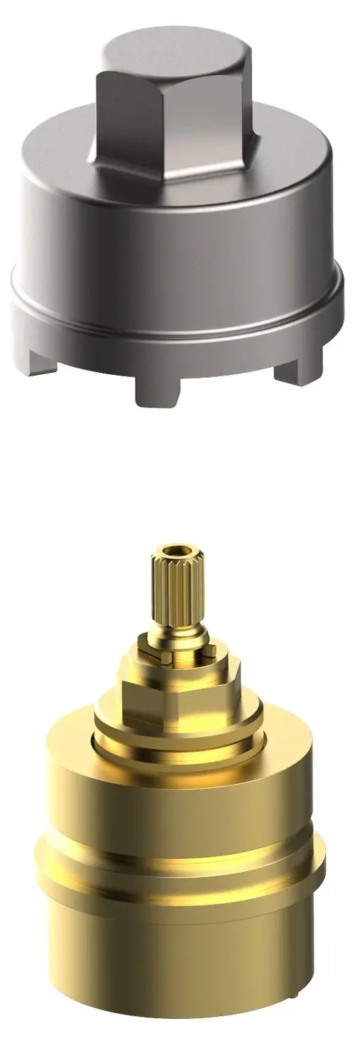 Zwei Armaturenteile von Keuco: ein silbernes Absperrventil oben und ein goldenes Ventil unten, beide mit unterschiedlichen Designs und Konstruktionen.