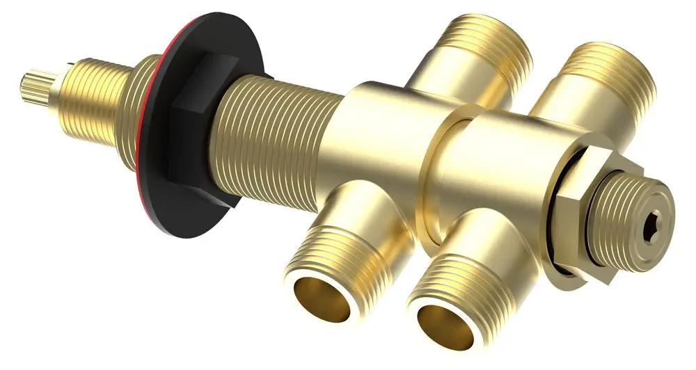 Umsteller aus Messing mit mehreren Anschlussgewinden und einem zentralen Steuermechanismus, geeignet als Ersatzteil für KEUCO Armaturen.