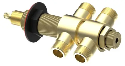 Umsteller aus Messing mit mehreren Anschlussgewinden und einem zentralen Steuermechanismus, geeignet als Ersatzteil für KEUCO Armaturen.
