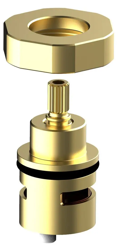 Goldfarbene Armaturenkartusche mit oberem Gewinde und integriertem O-Ring, typischer Bestandteil von Keuco Produkten zur Wassersteuerung.