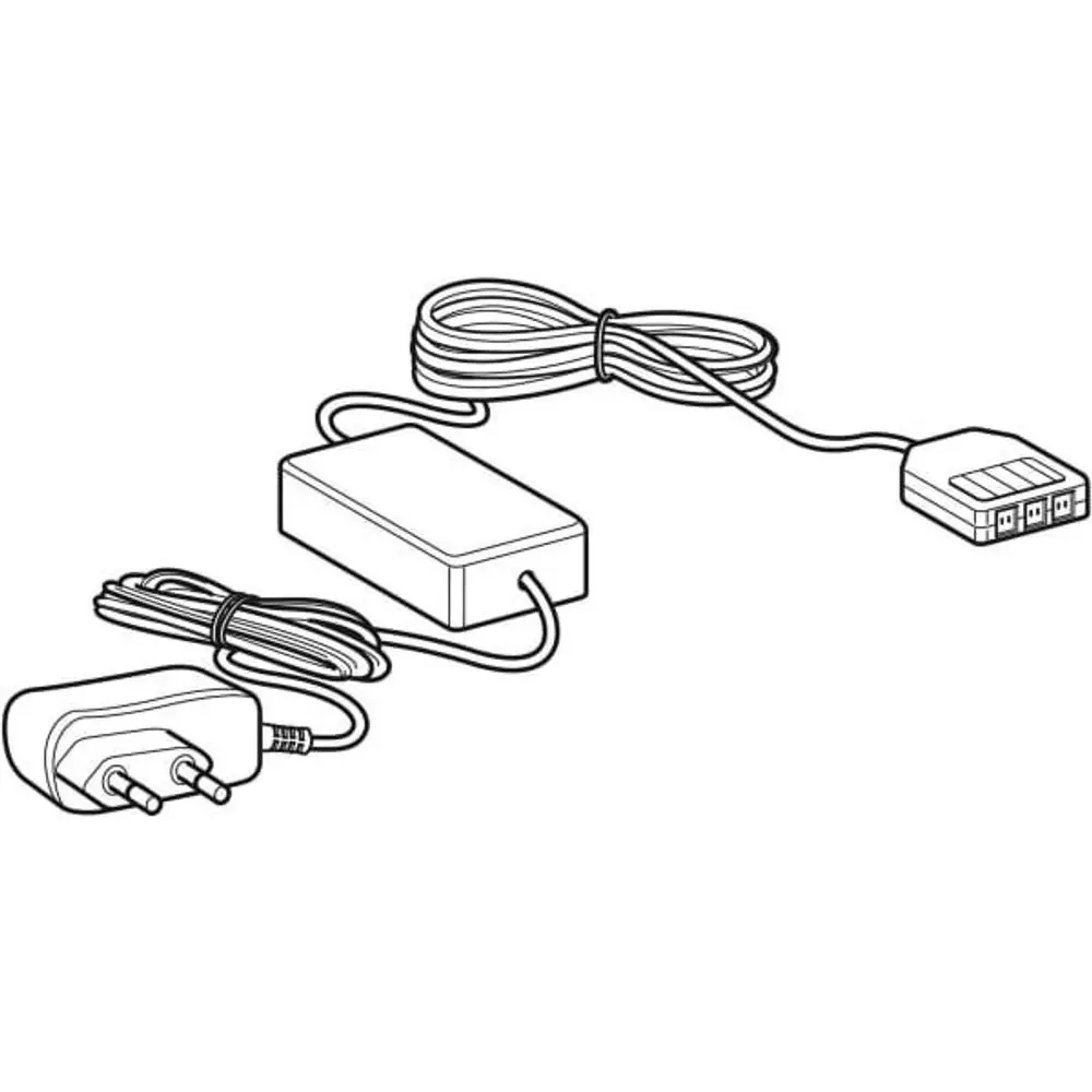 Netzteil mit einem Stecker für die Steckdose, einem Transformator und einem Anschlusskabel für ein Geberit Silk Lichtspiegel Produkt.