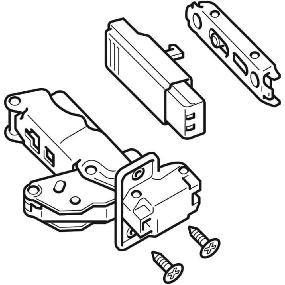 Scharniere von Geberit, dargestellt in einem technischen Diagramm, bestehend aus mehreren Komponenten und Schrauben zur Montage.