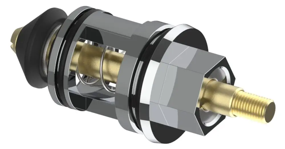 Umsteller in verchromter Ausführung, passend für Keuco Armaturen. Sichtbares Innenleben mit Federmechanismus und zwei Anschlüssen.