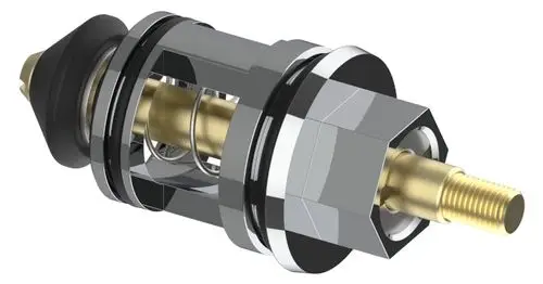 Umsteller in verchromter Ausführung, passend für Keuco Armaturen. Sichtbares Innenleben mit Federmechanismus und zwei Anschlüssen.