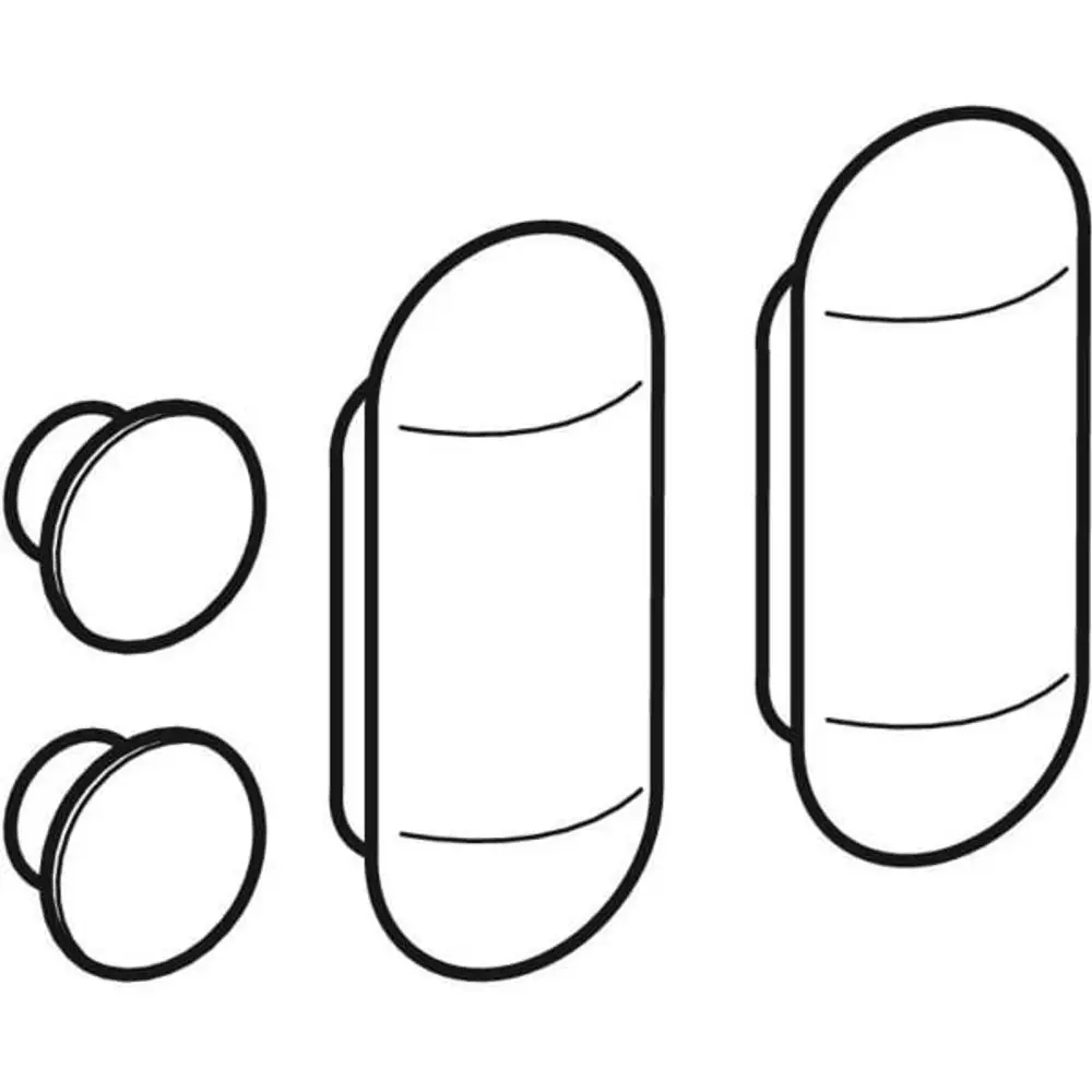 Geberit Puffer-Set für WC-Deckel, bestehend aus zwei länglichen Pufferteilen und zwei runden, die zur Befestigung des Deckels dienen.