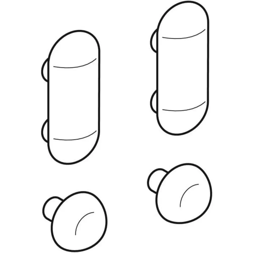 Vier Geberit Puffer für WC-Deckel, in zwei unterschiedlichen Formen, die zur Befestigung von Toilettendeckeln verwendet werden.