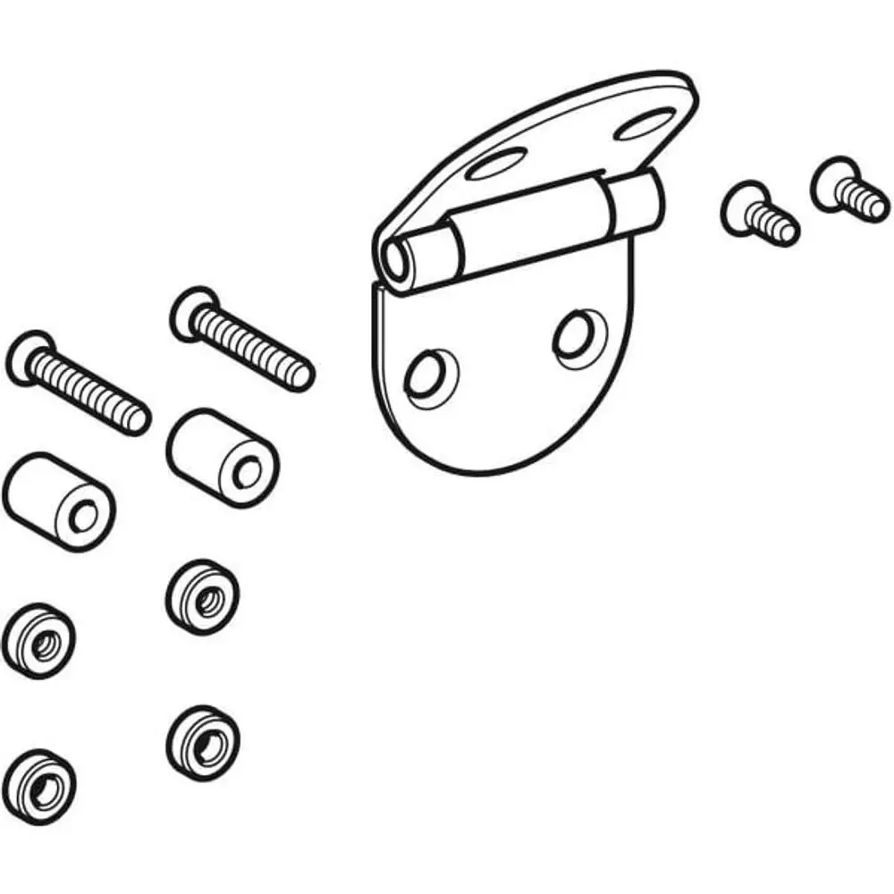 Scharnier von Geberit mit Befestigungselementen, bestehend aus einem gebogenen Plattenelement, Schrauben und Unterlegscheiben, angeordnet in einer schematischen Darstellung.
