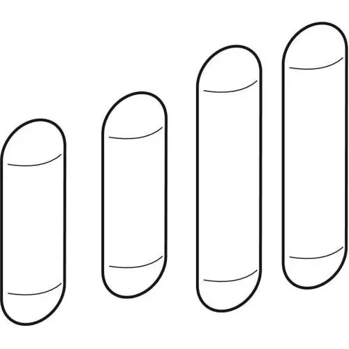 Vier oval geformte Puffer mit unterschiedlichen Höhen, die in einer Reihe angeordnet sind. Sie sind für die Montage an einem Bidetsitz von Geberit vorgesehen.