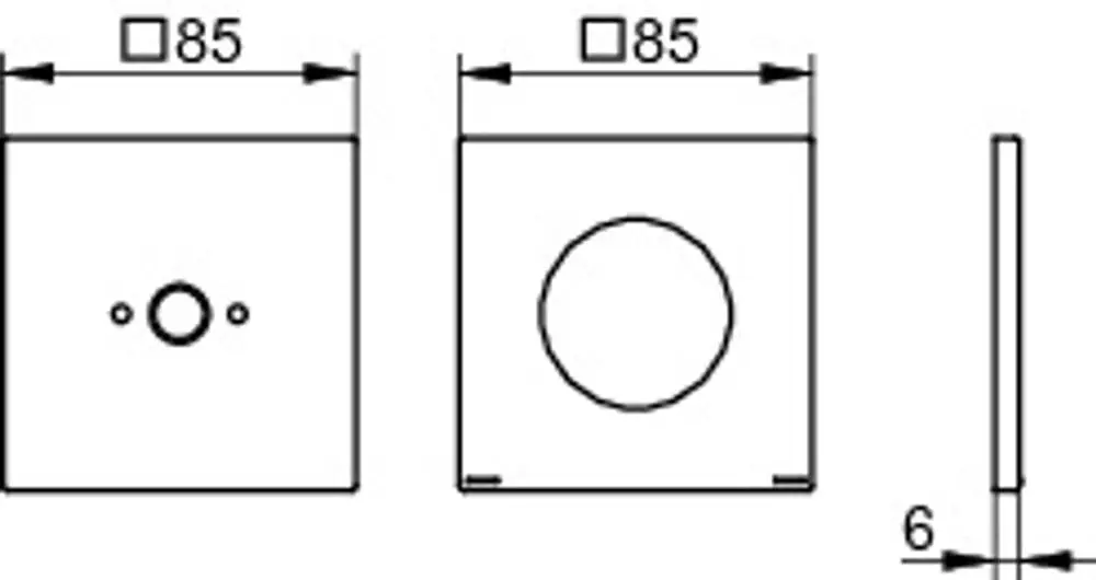 Keuco Rosetten-Set, quadratisch, mit zentralem Loch und zwei kleinen Bohrungen, dargestellt in der Draufsicht und seitlichen Ansicht, Maße nicht angegeben.