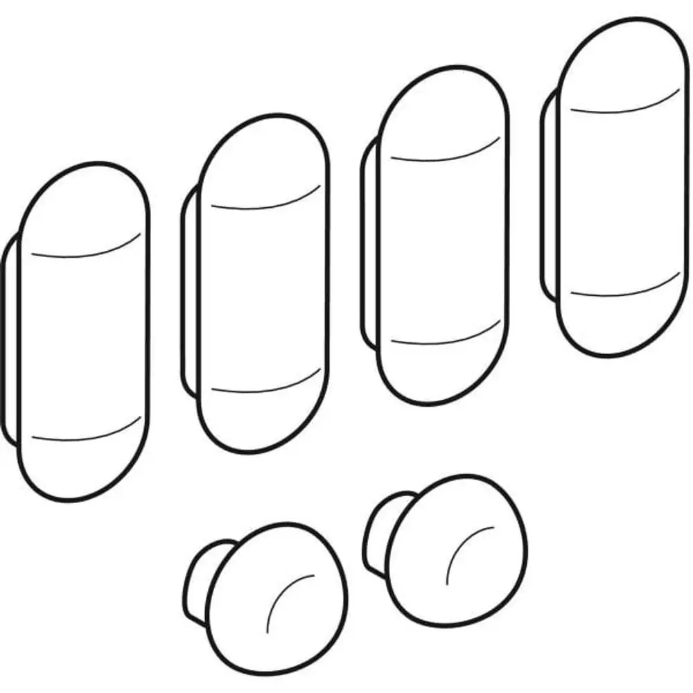 Set aus zwei ovalen und drei runden Puffer-Elementen zur Befestigung, geeignet für WC-Sitze von Geberit. Klar strukturierte Linien ohne zusätzliche Details.
