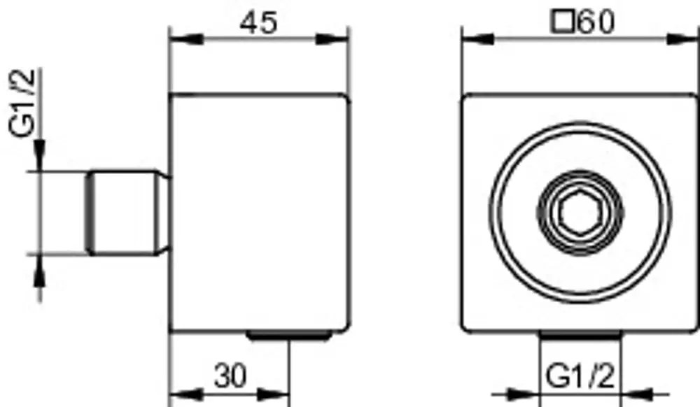 Verchromter Schlauchanschluss mit quadratischer Form und Gewindeanschluss, hergestellt von Keuco. Maße und Details sind im technischen Zeichnungsformat dargestellt.