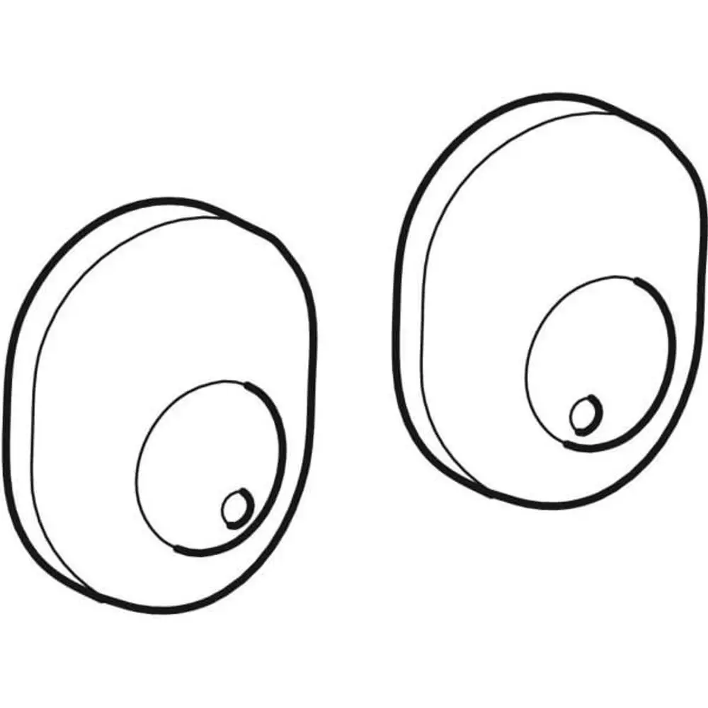 Zwei weiße Aufkleber in ovaler Form mit einem zentralen Punkt, geeignet zum Dekorieren von Oberflächen. Herstellermarke: Geberit.