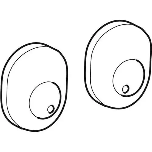 Zwei weiße Aufkleber in ovaler Form mit einem zentralen Punkt, geeignet zum Dekorieren von Oberflächen. Herstellermarke: Geberit.