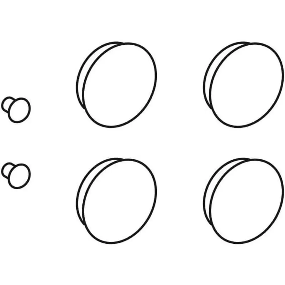 Set aus vier runden Pufferteilen und zwei kleinen Stiften, geeignet für WC-Deckel, hergestellt von Geberit. Klare Linien, einfache Form.