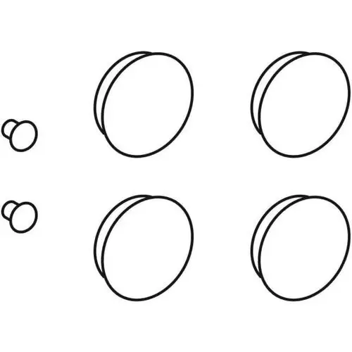 Set aus vier runden Pufferteilen und zwei kleinen Stiften, geeignet für WC-Deckel, hergestellt von Geberit. Klare Linien, einfache Form.