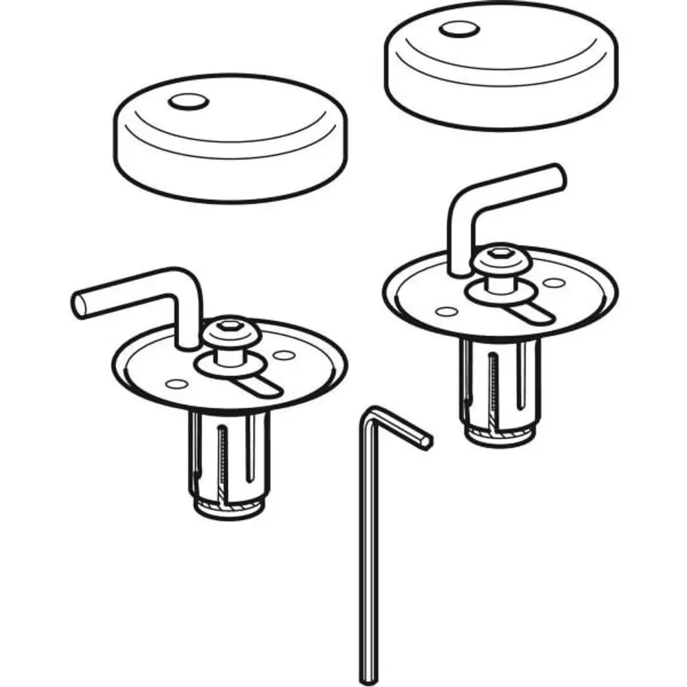 Set bestehend aus zwei Scharnieren mit angeschrägten Röhren und passenden Abdeckungen, dargestellt in schematischem Design. Hergestellt von Geberit.