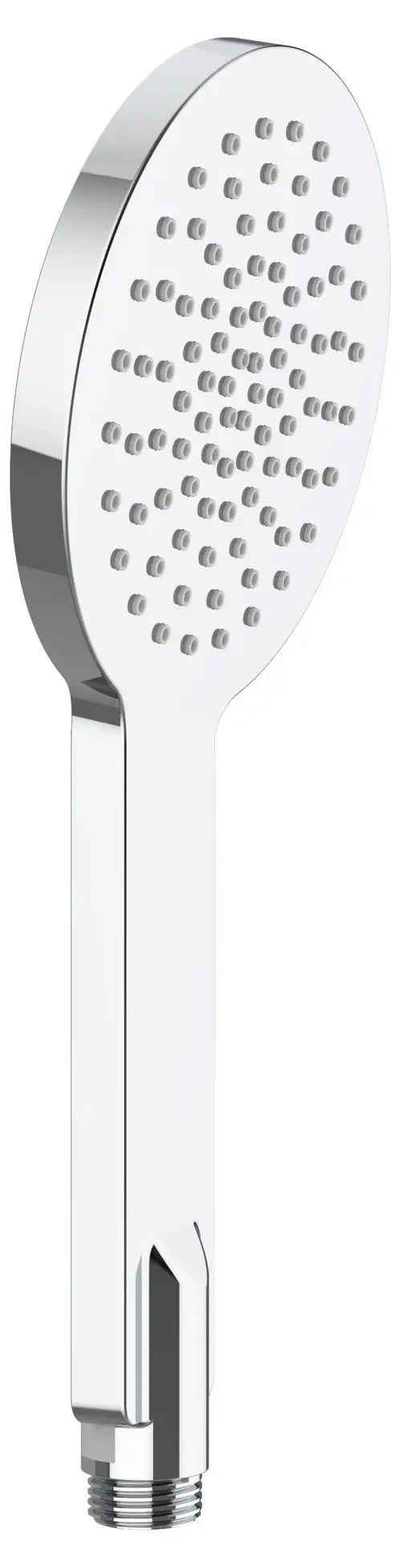 Handbrause von Keuco mit verchromter Oberfläche und normalem Strahl, ovaler Kopf mit gleichmäßiger Anordnung von Wasserstrahlöffnungen.