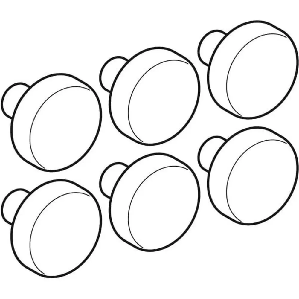 Sechs runde, flache Puffer für WC-Deckel, in schwarzer Umrandung, ausgelegt für die Verwendung mit Geberit-Produkten.