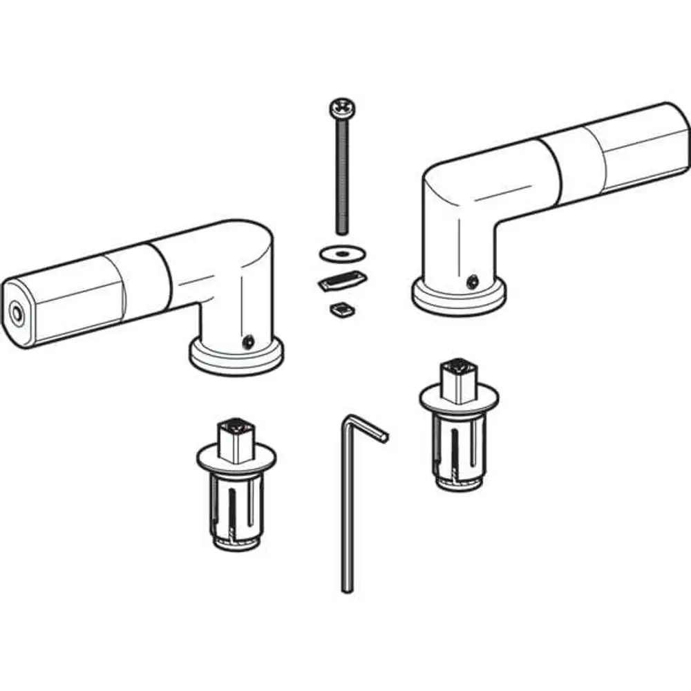 Scharniere und Befestigungsteile für einen WC-Sitz, bestehend aus zwei Scharnierarmen, Schraube, Unterlegscheibe und Inbusschlüssel, in einfacher Anordnung. Geberit-Produkt.