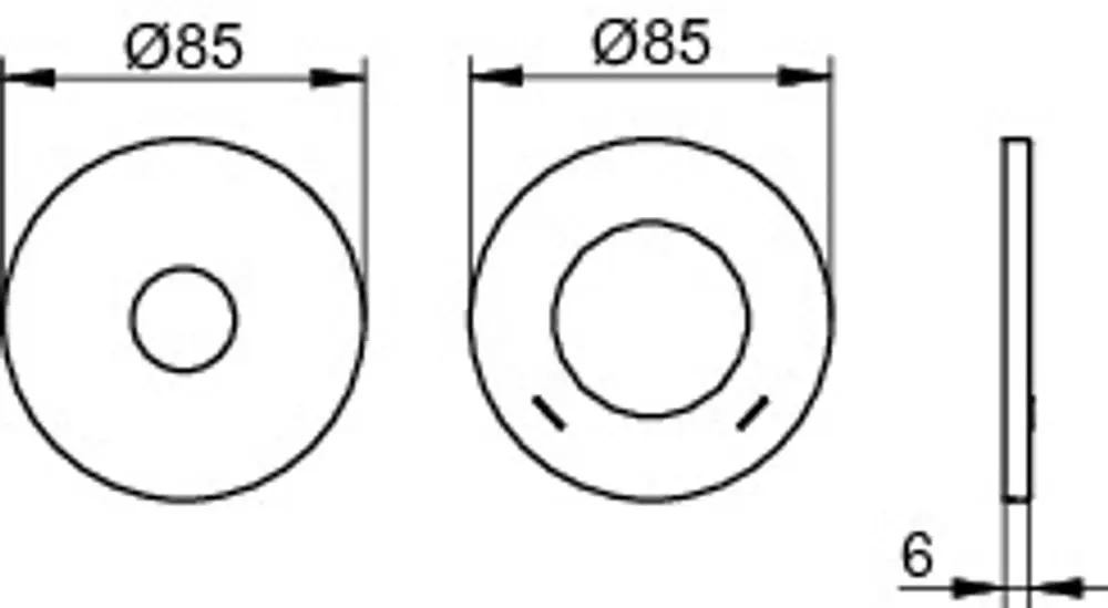 Produktzeichnung: KEUCO Edition 400 Rosetten-Set, passend zu 51516, Durchmesser 85 mm, rund, verchromt, Artikelnummer 51516010091, Dicke 6 mm.