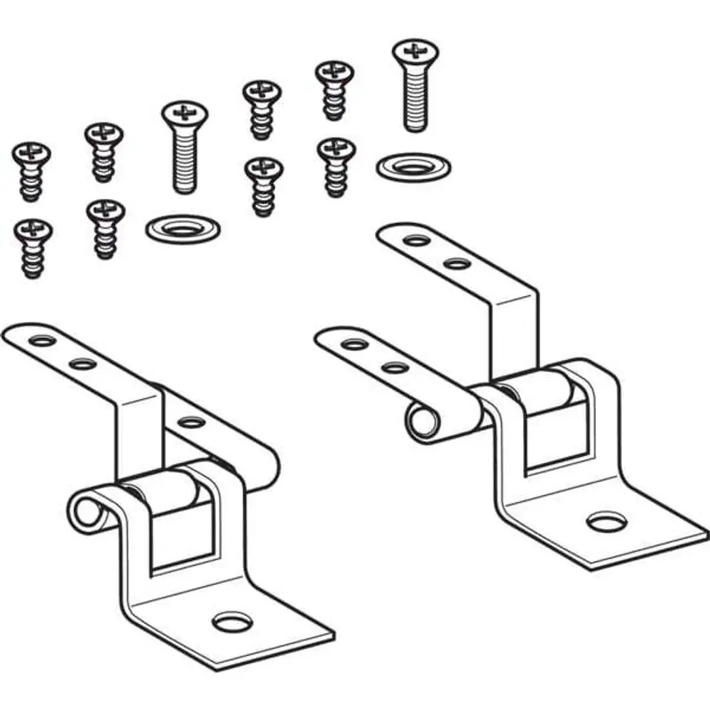 Scharniere von Geberit zur Befestigung eines WC-Sitzes, inklusive Schrauben und Unterlegscheiben, dargestellt in technischer Zeichnung.
