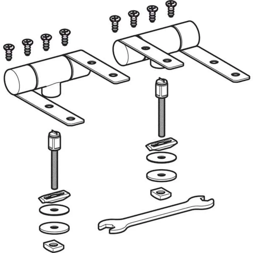 Scharniere für WC-Sitz, dargestellt in einer schematischen Ansicht von Geberit, einschließlich Montageelemente wie Schrauben, Unterlegscheiben und einer passenden Wrench.