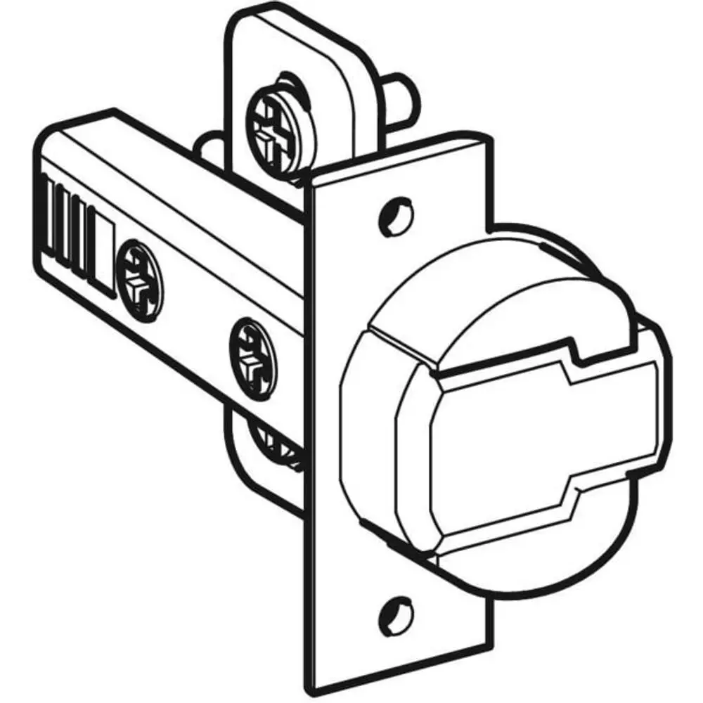 Geberit Scharnier für einen Waschtischunterschrank, mit Bauform zur Montage und Anpassung an die Kabinettstruktur, in schematischer Darstellung.