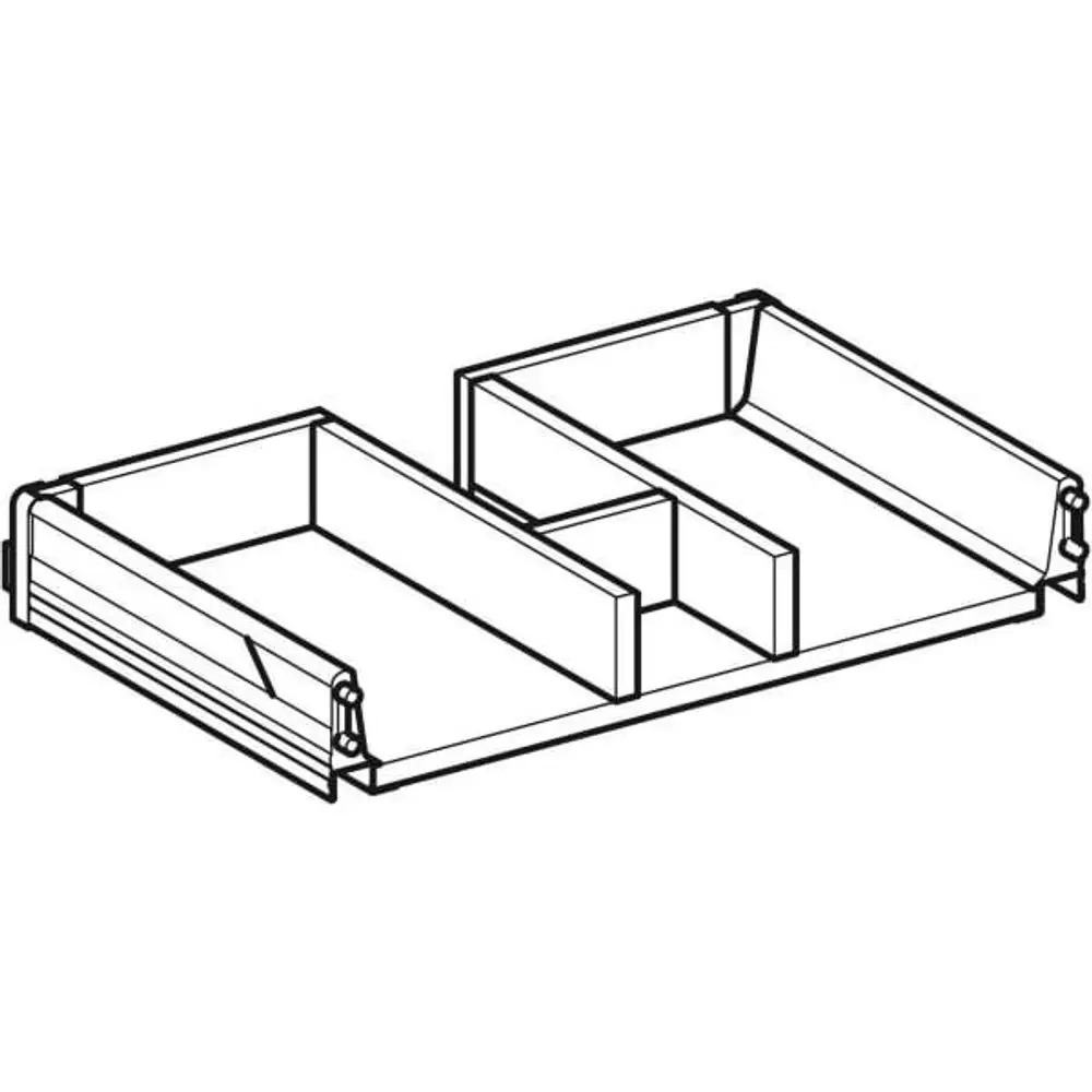 Schublade von Geberit, aufgeteilt in zwei Fächer, geeignet für eine Modulinstallation. Darstellung der inneren Struktur und Trennwände.