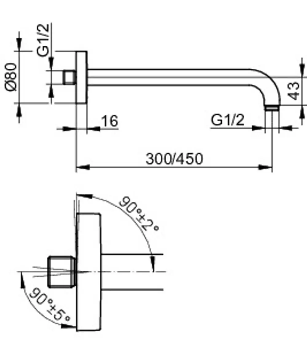 Keuco Wandanschluss für Brausearm, runde Halterung mit angeschlossenem Rohr, montiert in einem klaren und funktionalen Design. Maße und Details schematisch dargestellt.