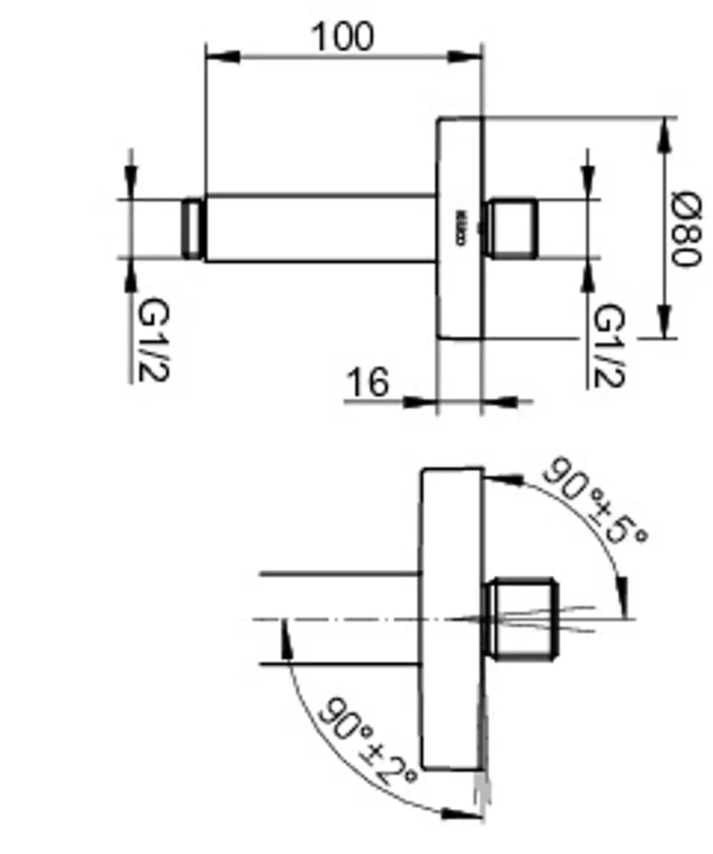 Deckenanschluss in runder Form mit einem Durchmesser von 80 mm, hergestellt von Keuco. Der Arm hat eine Länge von 100 mm und ist in Schwarz matt gehalten.