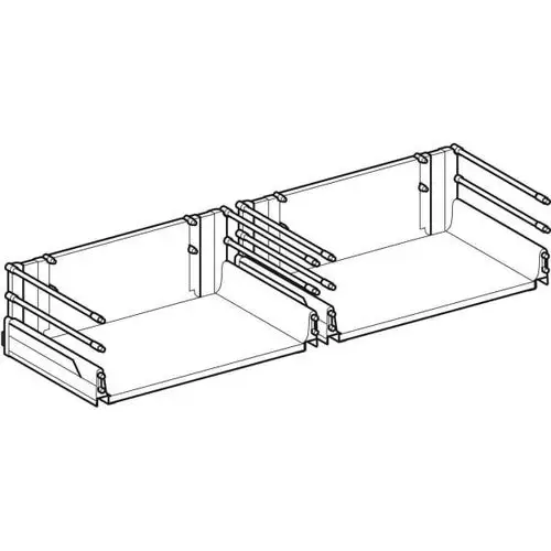 Geberit Schublade in schematischer Darstellung, bestehend aus zwei nebeneinander liegenden Fächern mit seitlichen Halterungen.