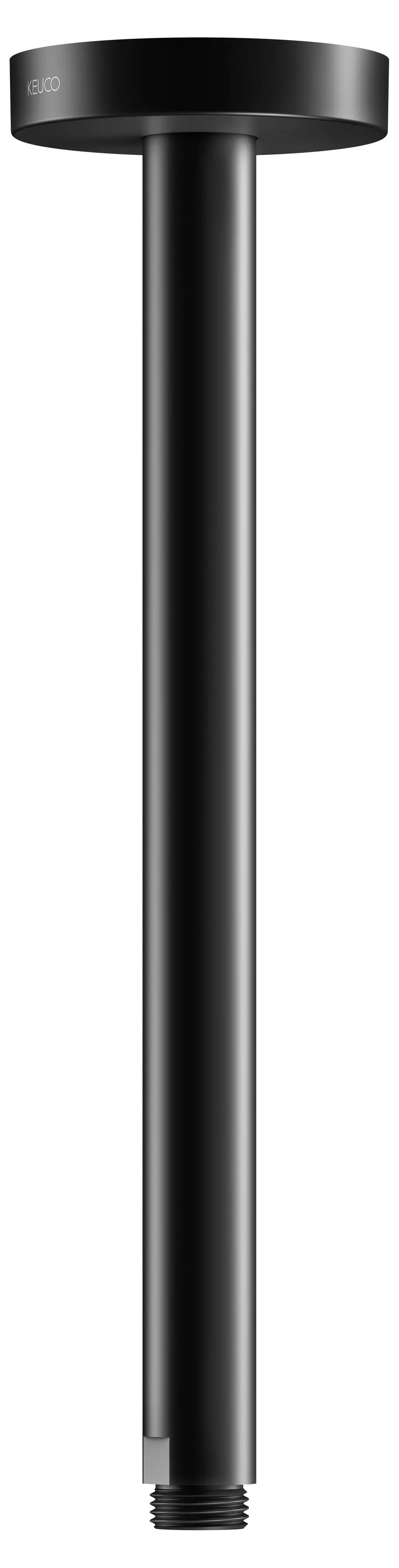 Schwarzer, runder Deckenanschluss mit vertikalem Arm. Hergestellt von Keuco, geeignet für Brauseinstallationen. Klarer, minimalistischer Designstil.